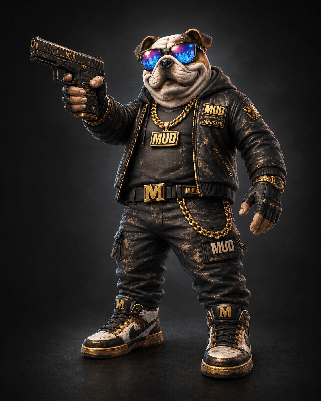 MUDCITY Bulldog character holding a pistol